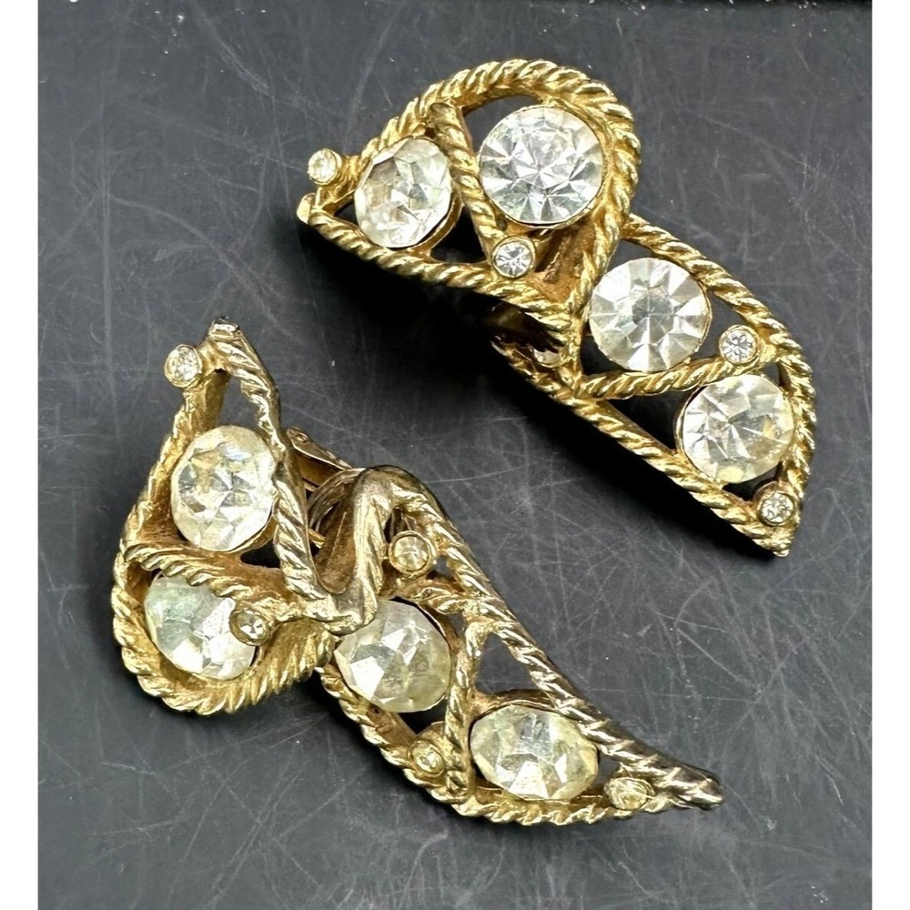 Vintage Castlecliff Earrings Climber Clip Pod  Designs Huge Rhinestones 1.75"